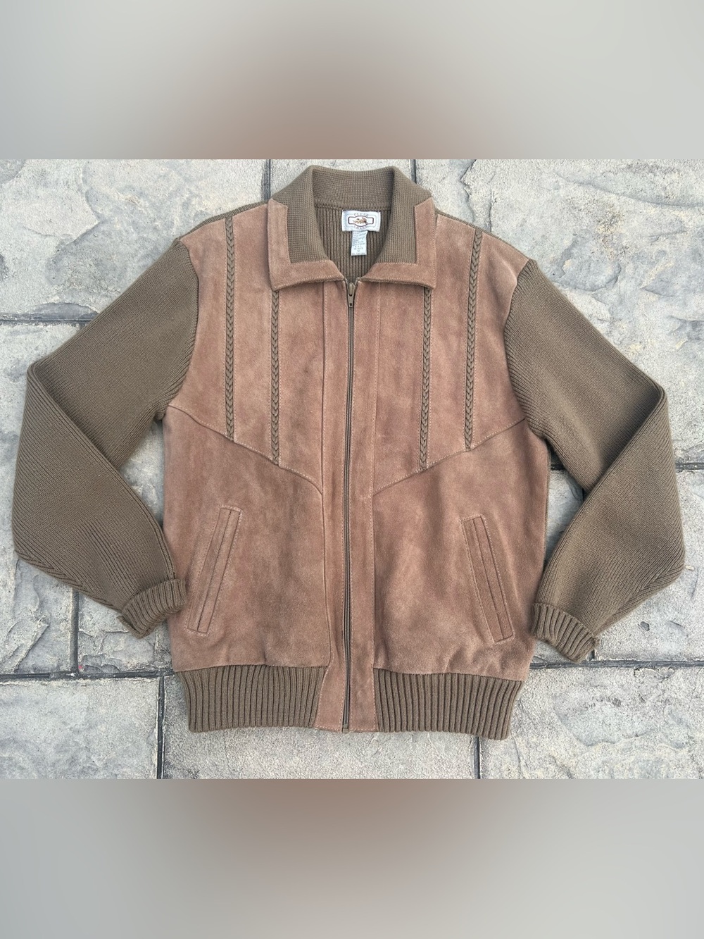 Vintage 80s Clear Creek tan suede & taupe knit full zip sweater jacket Medium
